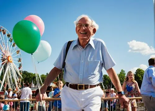 Old man, 70s, wrinkles, grey hair, glasses, white shirt, blue pants, belt, walking stick, smiling, Six Flags amusement park, sunny day, blue sky, fluffy white clouds, roller coasters, Ferris wheel, co