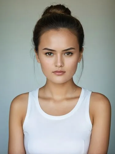 Full-size sample portrait,a young woman wearing a white tank top with her hair in the air,hapa,girl in t-shirt,girl on a white background,ukranian,elitsa,sevda,Photography,Documentary Photography,Docu