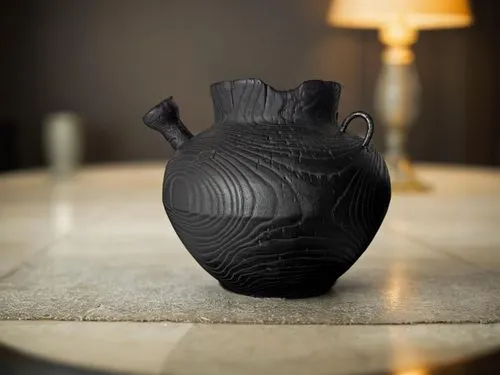 this black vase is on a table next to the lamp,clay jug,amphora,kashira,vase,cucuteni,jug