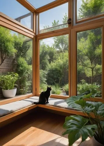 japanese-style room,sunroom,cat frame,wooden windows,window sill,cattery,windowsill,ryokan,windows wallpaper,conservatories,japanese zen garden,roof landscape,zen garden,bamboo plants,ryokans,oticon,windowsills,transparent window,wood window,home landscape,Illustration,Black and White,Black and White 28