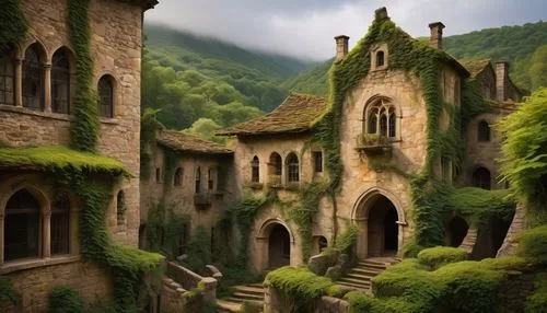 rivendell,moss landscape,nargothrond,fantasy landscape,eltz,fairytale castle,elves country,fairy tale castle,stone houses,abandoned places,abandoned place,conques,windows wallpaper,mountain settlement,fantasy picture,hanging houses,ghost castle,chateaux,lodgings,witch's house,Art,Artistic Painting,Artistic Painting 25