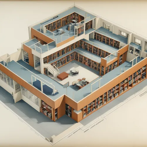 A cutaway on top of a architectural sketch of a floorplan of a library in the style of Francis DK Ching.,school design,dormitory,isometric,digitization of library,3d rendering,palace of knossos,barrac