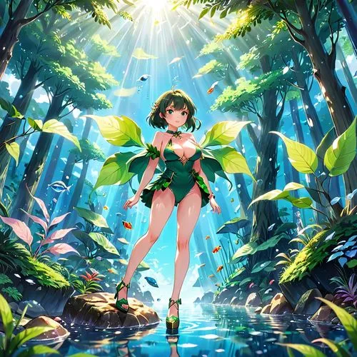 ranka,tiki,amazonica,kagome,himawari,takagaki,natura,forest background,chieri,meru,bohua,araruama,midori,fubuki,eldena,diana,niijima,tira,forest clover,saria,Anime,Anime,Realistic