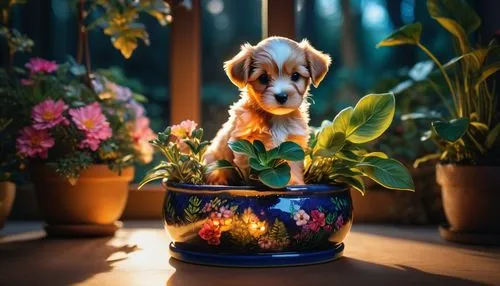 dachshund,dachshund yorkshire,golden pot,potted plant,vizsla,basset,Photography,Artistic Photography,Artistic Photography 02