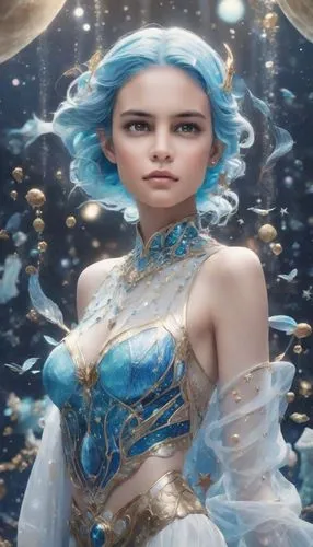 a painting of a woman with blue hair wearing blue,satari,sona,blue enchantress,amihan,aquarius,ice queen