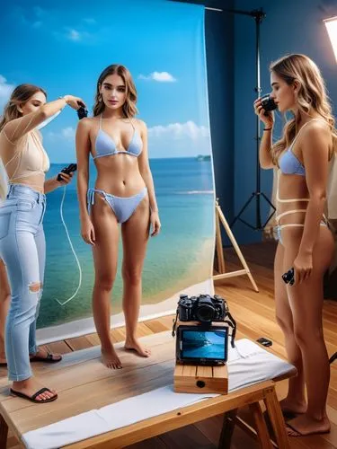 A model in a bikini is being prepared for her next photo shoot.,a couple of pretty women in bathing suits,surfwear,objectification,bikinis,commercial,burkinabes,rexona,Photography,General,Natural