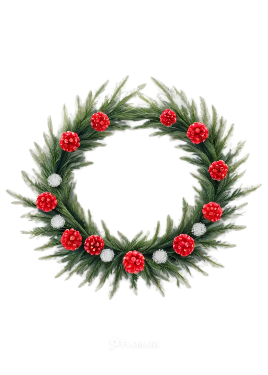 Christmas wreath, evergreen branches, red berries, golden ornaments, white snowflakes, delicate pinecones, festive ribbons, circular shape, 3D texture, shiny surface, soft focus, warm lighting, close-