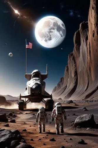 a space module landing on the surface of a planet, 8k highly detailed, photorealistic, cinematic lighting, dramatic, epic scale, realistic space shuttle, moon rover, astronaut walking on the moon, Ame