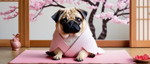 Cute origami pug, white paper craft, delicate folds, pink nose, big round eyes, fluffy ears, sitting, Japanese-style room, traditional tatami mat, sliding doors, cherry blossom tree, warm natural ligh