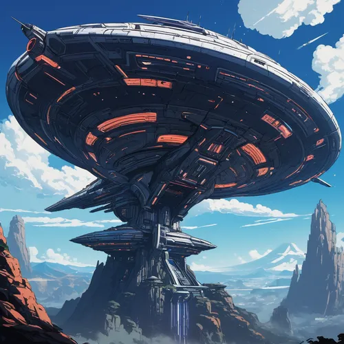 futuristic landscape,scifi,alien ship,mesa,sci - fi,sci-fi,alien world,sci fi,colony,alien planet,sky space concept,futuristic architecture,futuristic,ufo,starship,spaceship space,saucer,valerian,gas planet,sci fiction illustration,Illustration,Japanese style,Japanese Style 05