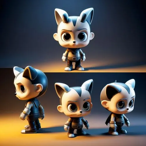 colocar estes personagens em ângulos diferentes mantendo as mesmas características ,a series of three different looking pictures of small dolls,funko,tenkrat,plug-in figures,bartok,3d figure,galkaio