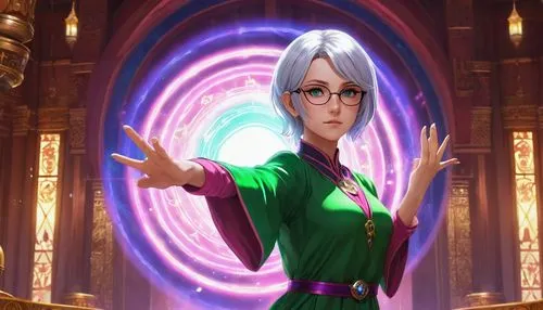 A young and pretty female wizard. She has silver hair, green eyes, cute glasses, and is wearing a pink and green gradient dress. She holds one hand out in front of her and as she concentrates, a spher