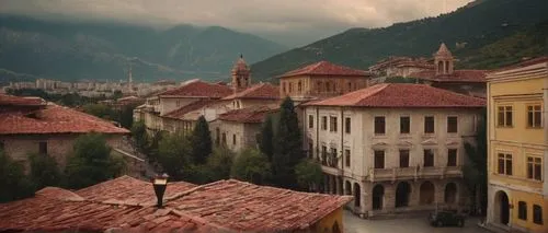 Traditional Albanian architecture, historic building, stone walls, wooden doors, intricate carvings, Ottoman Empire influence, Balkan Peninsula style, ornate facades, narrow streets, old town, Tirana 