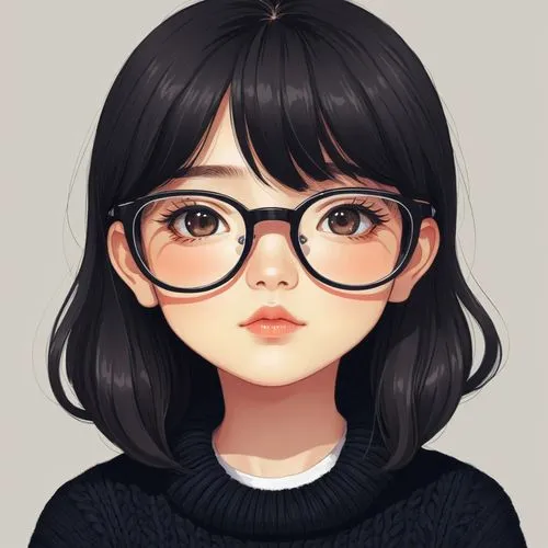 女生，眼镜，黑色毛衣，卡通，chibi，日本动漫，动漫，插画，扁平插画,an image of a girl wearing glasses and looking down,megane,cute cartoon character,mirai,shimoji,nini,with glasses,Illustration,Japanese style,Japanese Style 16