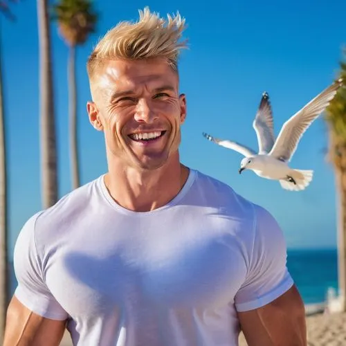 American, muscular man, 30s, short blonde hair, blue eyes, strong jawline, smiling, relaxed posture, casual clothing, white T-shirt, blue jeans, sneakers, standing, beachside, sunny day, clear blue sk