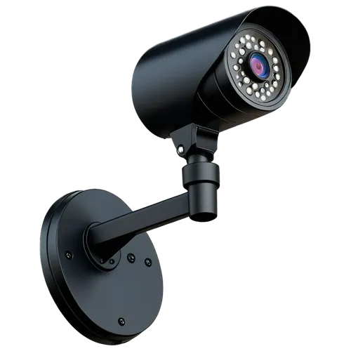 Security camera, metallic body, rounded shape, LED lights, black coating, adjustable lens, rotating base, wall-mounted, high-angle shot, shallow depth of field, dark tone, cinematic lighting, realisti