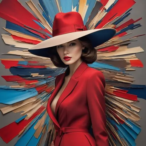 The canvas is filled with vibrant colors as a sophisticated woman comes to life, dressed in a tailored suit and a fedora hat. She carries a scrumptious-looking red dress and a unique blend of tan and 