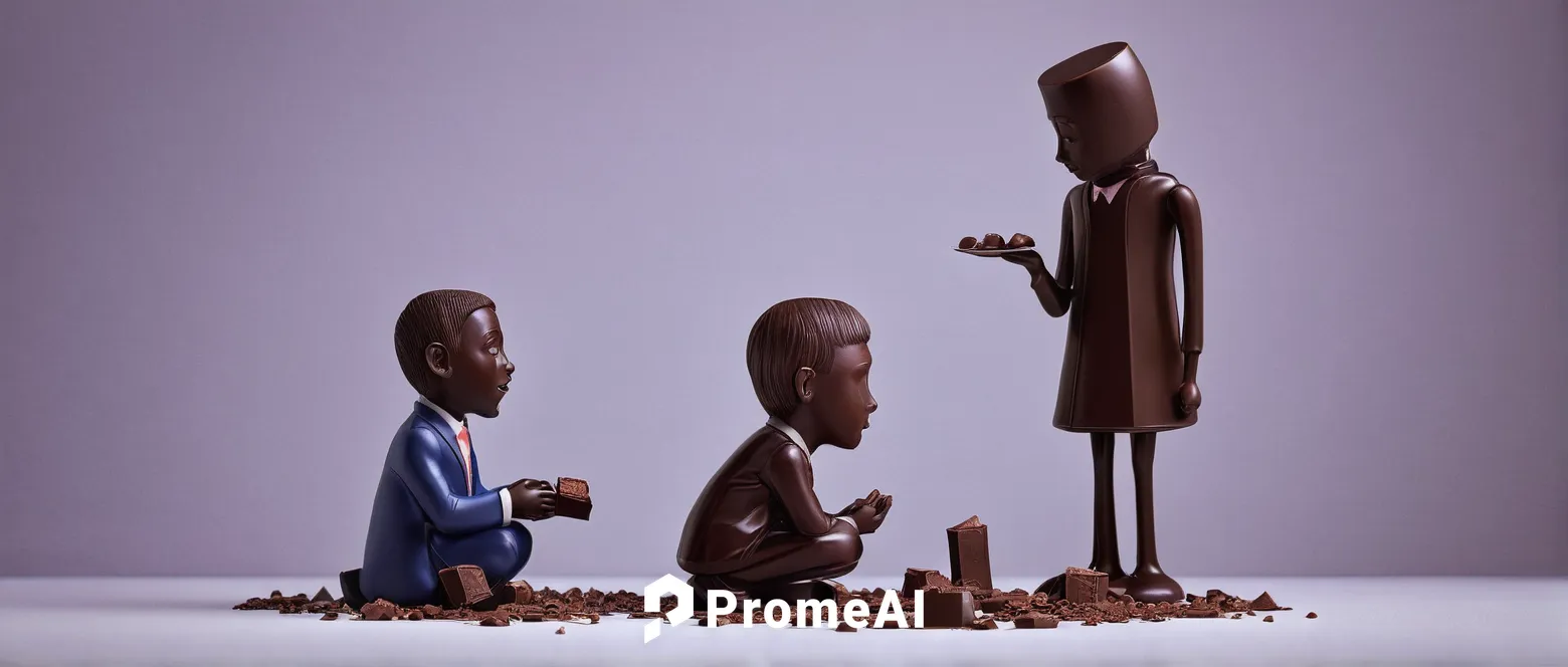 Craft a humorous dialogue between two talking chocolate models.,chocolatier,pieces chocolate,wooden figures,chocolate-coated peanut,miniature figures,clay figures,marzipan figures,clay animation,minia