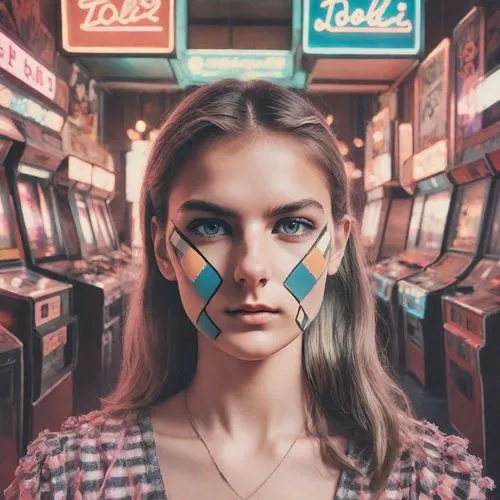 jukebox,popart,face paint,retro girl,arcade games,retro woman,pinball,harlequin,arcade,color pencil,kaleidoscope,60s,illusion,multicolor faces,colourful pencils,the girl's face,girl portrait,rubik,girl-in-pop-art,vegas,Photography,Polaroid