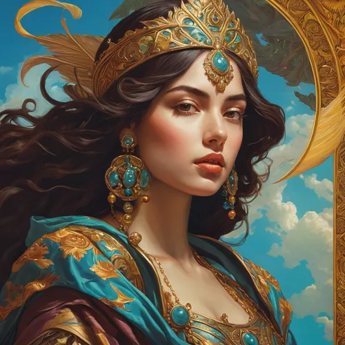 fantasy portrait,fantasy art,cleopatra,oriental princess,fantasy woman,priestess,athena,golden crown,mystical portrait of a girl,artemisia,thracian,sorceress,gold filigree,zodiac sign libra,fantasy picture,gold crown,diadem,heroic fantasy,orientalism,world digital painting,Illustration,Realistic Fantasy,Realistic Fantasy 03