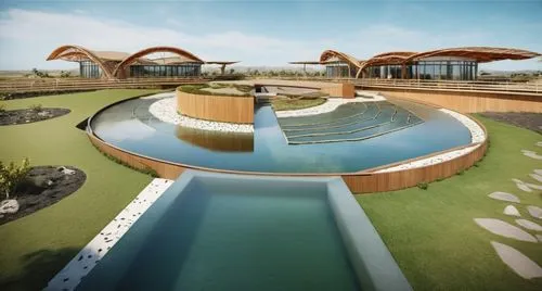 golf resort,infinity swimming pool,seasteading,earthship,therme,floating islands,futuristic architecture,landscape design sydney,golf hotel,waterslides,3d rendering,artificial islands,landscape design