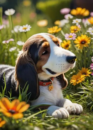 basset hound,welsh springer spaniel,treeing walker coonhound,english coonhound,beagle,scent hound,coonhound,basset bleu de gascogne,american foxhound,dog photography,pet vitamins & supplements,daisies,daisy flowers,flower background,cheerful dog,kooikerhondje,entlebucher mountain dog,blanket of flowers,meadow daisy,bassett,Conceptual Art,Fantasy,Fantasy 18