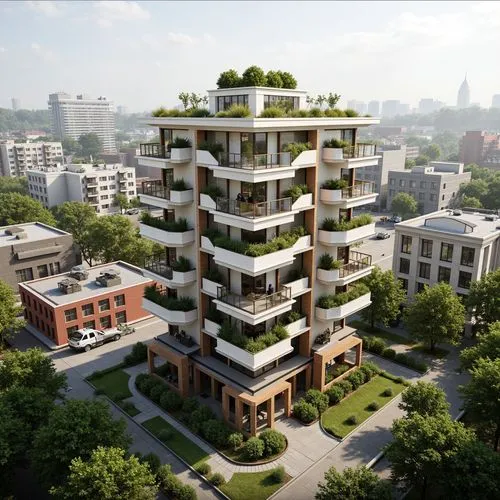 Eco-friendly Watching Tower social housing, green roofs, solar panels, wind turbines, rainwater harvesting systems, recycled materials, natural ventilation, large windows, minimal ornamentation, simpl