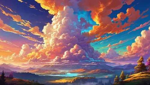 fantasy landscape,cloud mountains,cloud mountain,mountain sunrise,volcanic landscape,rainbow clouds,fire mountain,mountain landscape,volcano,sky,landscape background,high landscape,mushroom landscape,sky clouds,stratovolcano,epic sky,clouds,fire in the mountains,high mountains,volcanos,Conceptual Art,Daily,Daily 24