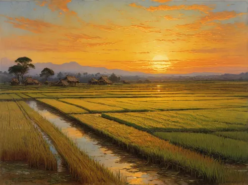 Describe a peaceful rice plantation at sunset.,rice fields,ricefield,the rice field,rice field,yamada's rice fields,rural landscape,paddy field,farm landscape,rice paddies,vietnam,viet nam,cultivated 