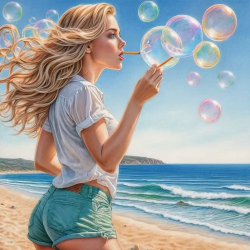 Beautiful 20s woman with freckles and blue-green eyes, very long light brown hair with blonde highlights, blowing soap bubbles at the beach.  Flirty. bikiini or shorts, pencil and acriylics, very deta