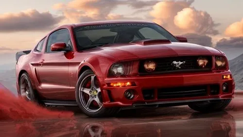 A Red Mustang Car Parked on a Cliff with Red Clouds ,hsv maloo,3d car wallpaper,dodge ram srt-10,v8,dodge neon srt-4,pony car,dodge caliber,mustang,dodge magnum,gto,shelby mustang,ford mustang fr500,r