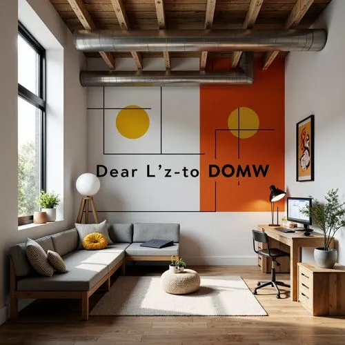 Minimalist dorm room, geometric shapes, primary colors, industrial materials, metal pipes, wooden accents, functional furniture, angular lines, rectangular forms, circular motifs, bold typography, abs