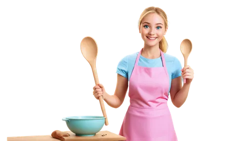 Herpangina, cartoon style, blonde hair, ponytail, blue eyes, smiling face, cute expression, pink dress, white apron, holding wooden spoon, mixing bowl, colorful kitchen utensils, soft lighting, pastel