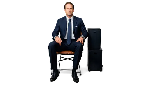 Businessman, suit, tie, formal wear, white shirt, black trousers, leather shoes, confident pose, sitting on office chair, hands clasped together, serious facial expression, mature adult, realistic sty