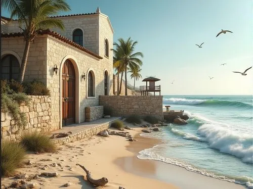 Masonry building, coastal design, Mediterranean style, stonewall facade, cream-colored stone, rough texture, rustic wooden doors, ornate ironwork, curved arches, turquoise waves crashing against the s