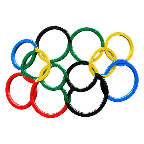 Olympic rings, interconnected circles, blue, yellow, black, green, red, metallic material, shiny surface, 3D structure, dynamic composition, low-angle shot, dramatic lighting, vibrant color tone, HD t