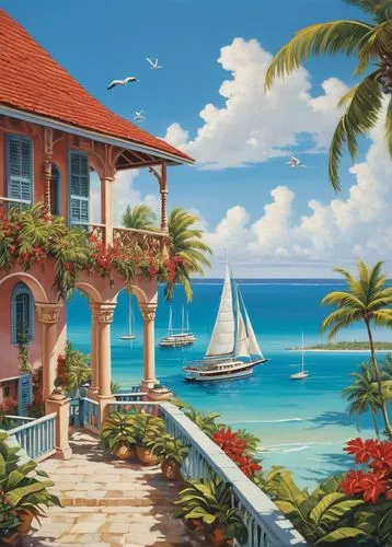 Colonial British West Indies style building, pastel colored walls, wooden shutters, ornate balconies, intricate carvings, red terracotta roof, tropical plants surrounding, palm trees swaying gently, s