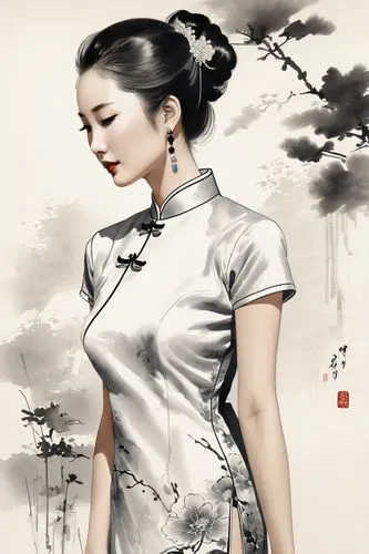 (Chinese ink painting:1.5), minimalism, side view of beautiful lady (wearing a short deep slit qipao, short sleeve:1.5), slight smile, (flower in background:1.5),wuxia,oriental girl,cheongsam,oriental