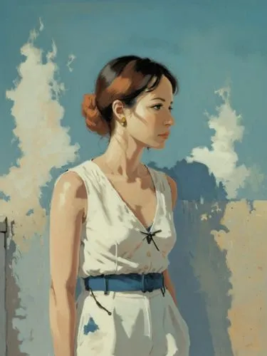 woman in white clothes standing by a wall,a woman in white dress on beach next to wall,vettriano,girl in a long dress,woman walking,jasinski,lughnasa,mcquarrie,Illustration,Vector,Vector 10