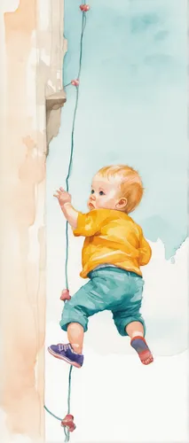 Colored Illustrations - Baby Climber,tightrope walker,climbing slippery pole,tightrope,tight rope,bungee jumping,static trapeze,climber,gnome skiing,high-wire artist,captive balloon,children jump rope