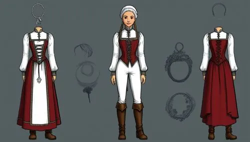 Paper doll one solo medieval noble women in white blouse ,grey tight legging with brown boot on the left standing with a headless faceless fashion mannequin clothing item set of elegant medieval noble