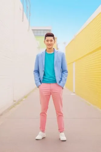 a man in pink pants and a blue jacket posing for a picture,shindong,man in pink,psy,taumalolo,gangnam,tulus,Illustration,Japanese style,Japanese Style 02