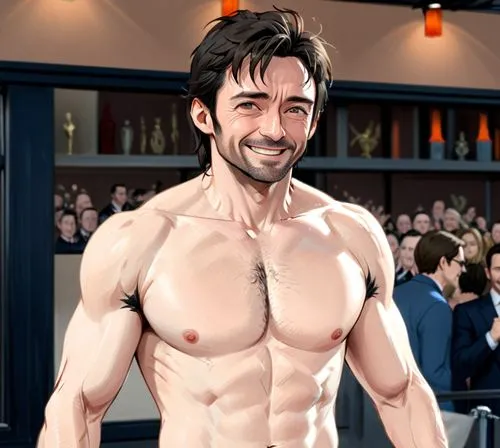 hugh jackman naked, smiling
,a digital painting of a smiling man in front of a crowd,jackman,malakhov,dunbrody,chris evans,cuttyhunk,muscle man,Anime,Anime,General