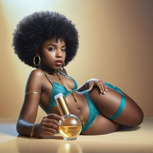 a black girl, afro girl, photorealistic art, a black girl, girl lying down, calm girl, photorealistic art.,a young black woman with afro hair is laying on the ground holding a bottle of perfume,beauti