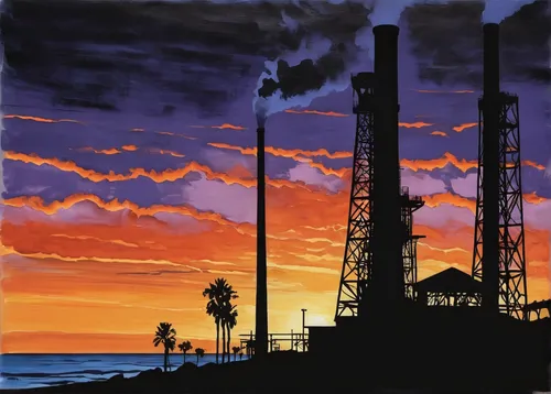 Plein air painting of the power plant in Carlsbad on the San Diego coast of southern California,oil industry,oil platform,refinery,industrial landscape,offshore drilling,oil rig,petroleum,crude,matrus