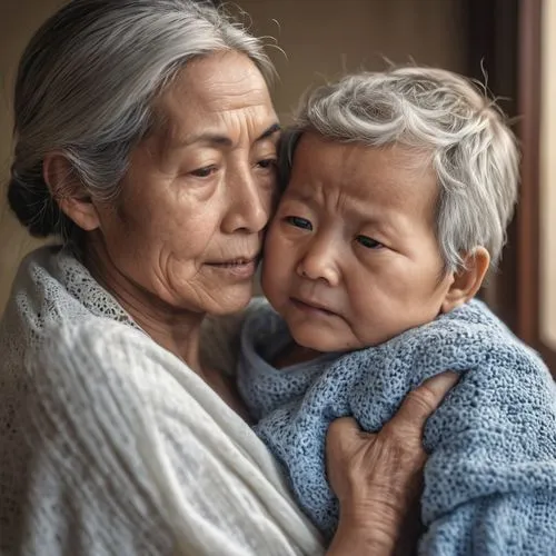 In the picture there are newborns, middle-aged people, old people, sick people, dead people, there is a calm, cool and pure atmosphere.,elderly couple,little girl and mother,laotians,intergenerational