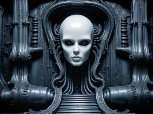 background H.R. Giger influence,an alien woman head peering out from behind columns,giger,biomechanical,vecna,zathura,asaro,planescape