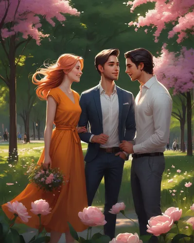 springtime background,spring awakening,serenade,holding flowers,the cherry blossoms,garden of eden,spring background,spring blossoms,a fairy tale,three flowers,floral greeting,spring bloom,clove garden,blossoms,romantic scene,rose family,way of the roses,springtime,spring garden,romantic meeting,Conceptual Art,Fantasy,Fantasy 17