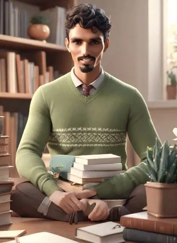 a man sitting at a desk holding two books,sendhil,araullo,akkineni,mahendravarman,persian poet,bookman,Digital Art,3D