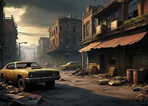 post apocalyptic,post-apocalyptic landscape,dodge charger,cuba background,fallout4,abandoned car,dodge avenger,dodge dart,ford maverick,croft,wasteland,dodge ram rumble bee,aronde,post-apocalypse,destroyed city,gaz-21,ford taunus,street canyon,dacia,black city,Conceptual Art,Fantasy,Fantasy 28